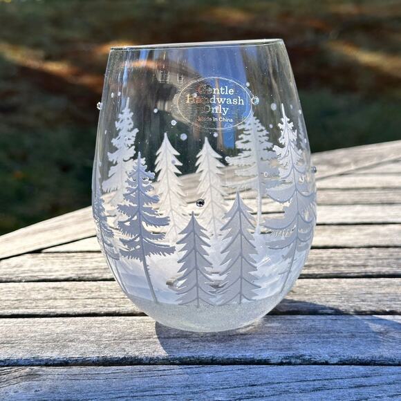 Christmas Tree & Reindeer Stemless Wine Glass 5” Frosted Winter Forest NEW - Picture 4 of 11